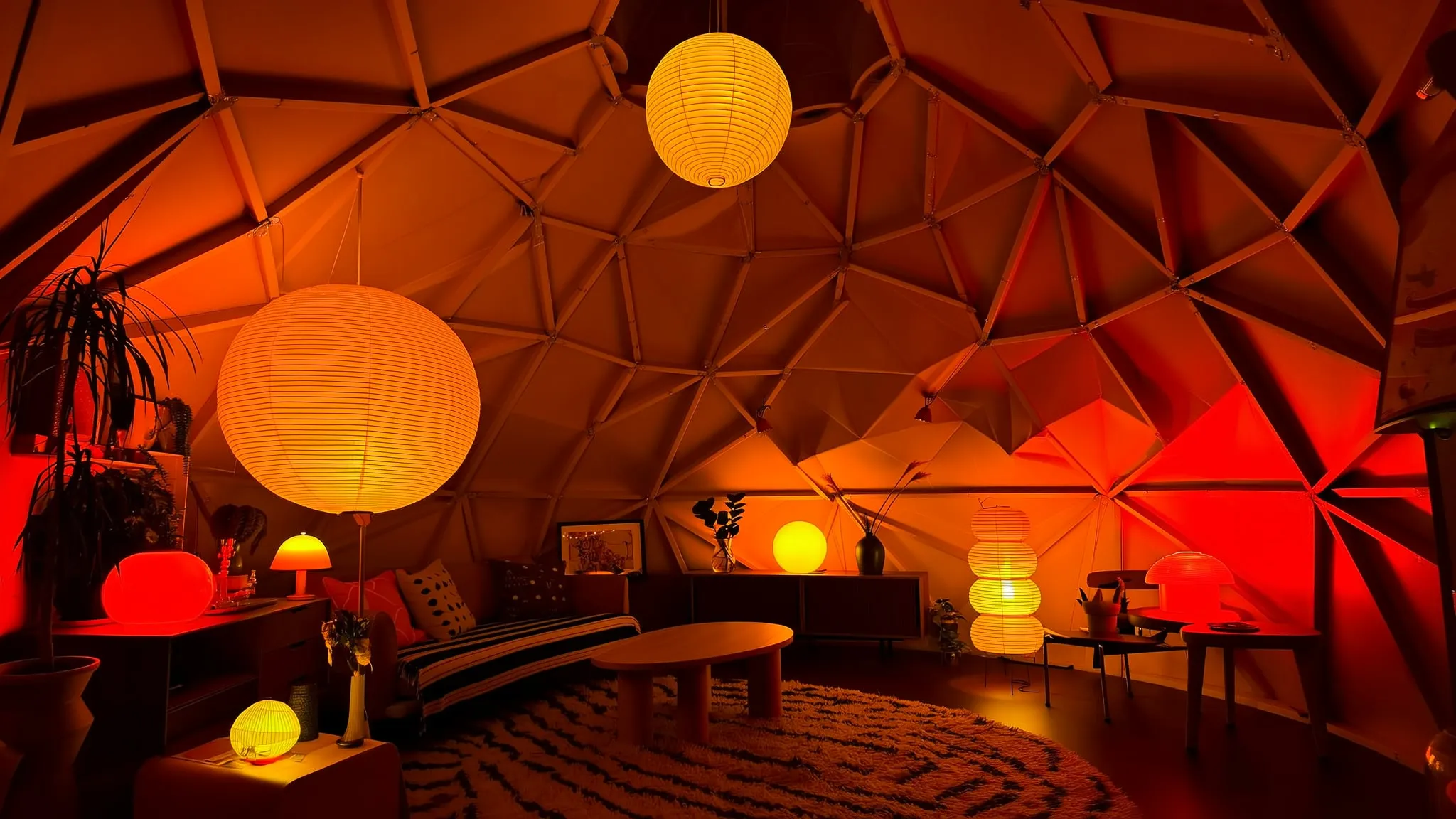 Interior de uma cúpula em madeira, com teto triangular e luz natural